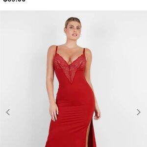 Red Lace Chemise with Spaghetti Straps and Side Slit